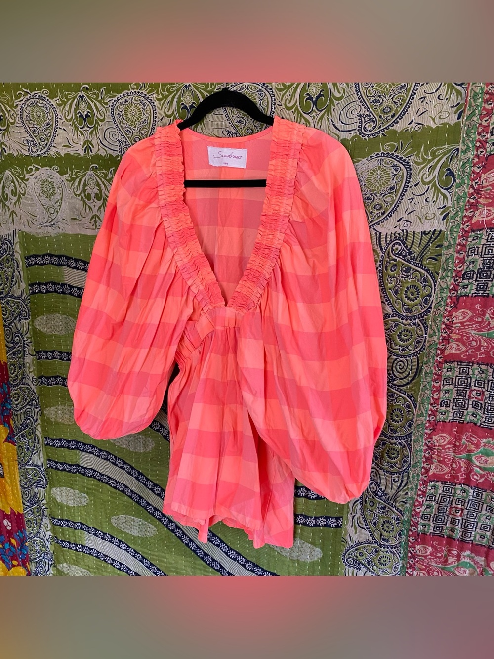 Sundress Neon Coral Alicia Glam Gingham V-Neck Puff Sleeve Romper Size XS/ S - Picture 7 of 16